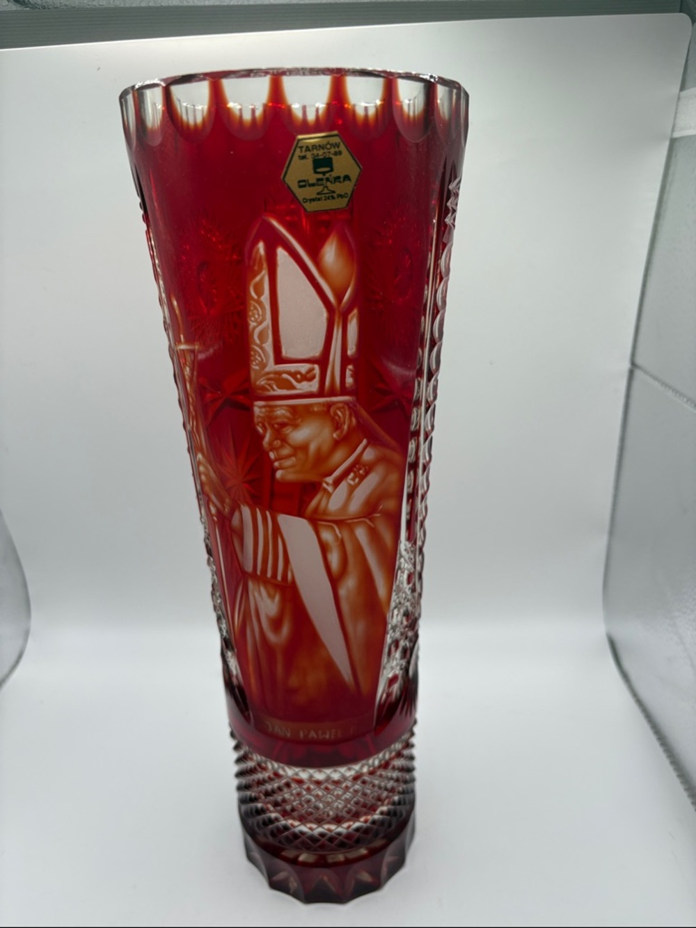 Pope John Paul II Rare Tarnow Crystal Ruby Red Cut-to-Clear Glass Vase